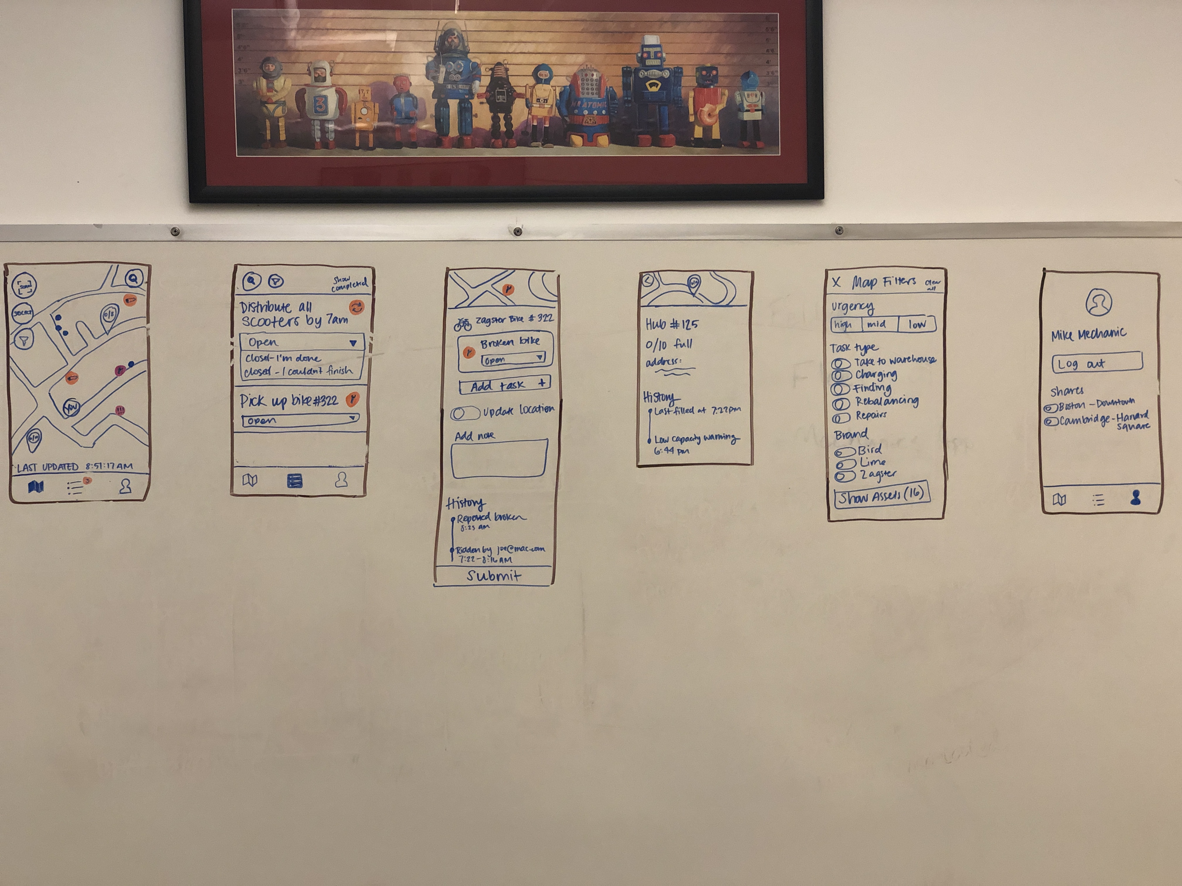 A white board with the final storyboard of UI